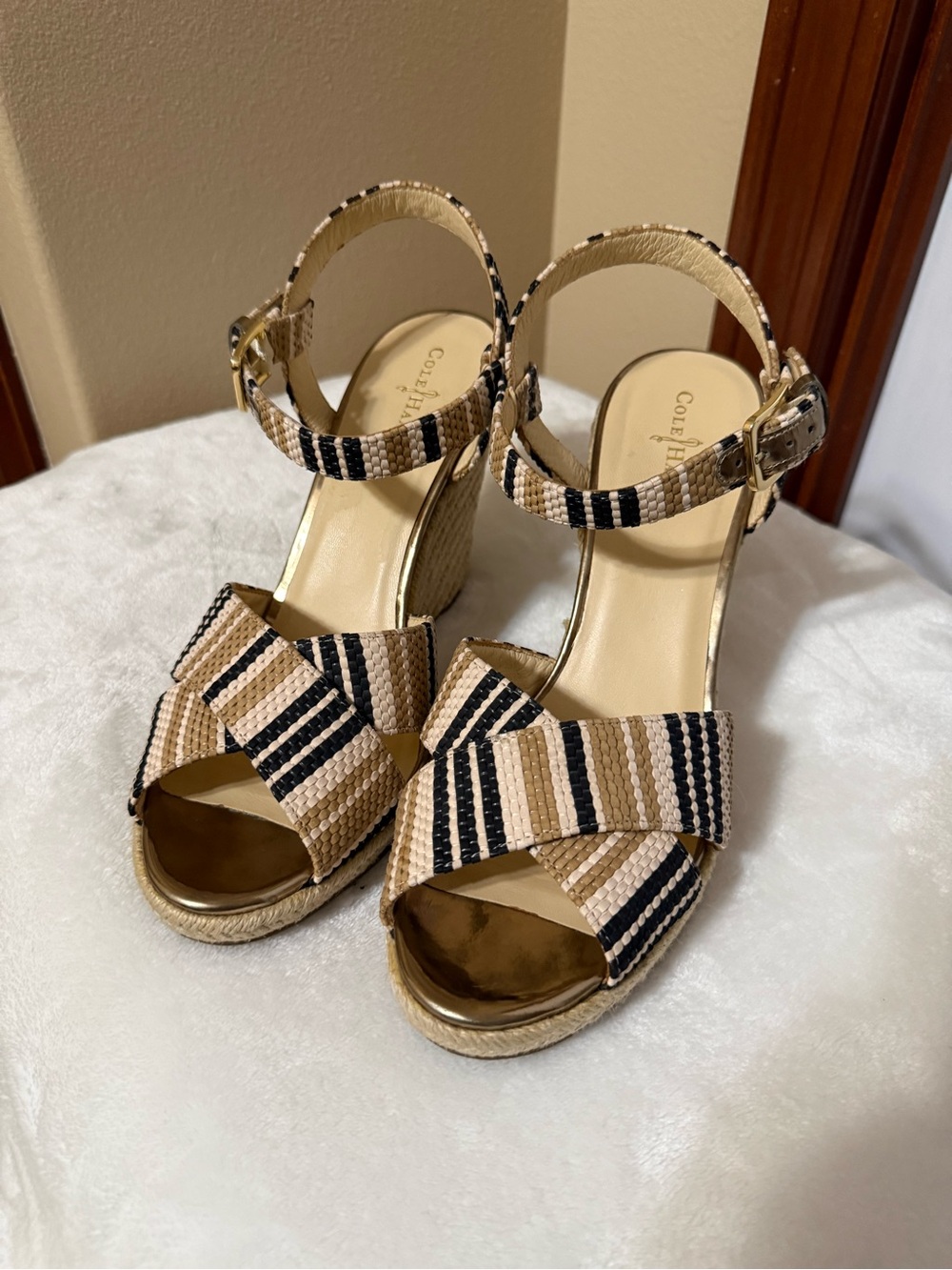 Cole Haan Hart Striped Raffia Espadrille Wedge Sandals